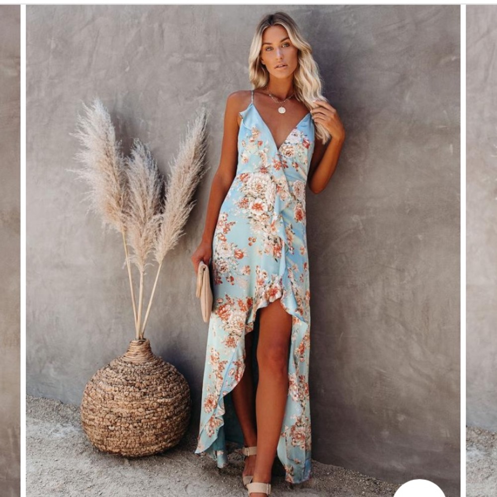 Matisse Floral Satin High-Low Ruffle Maxi Dress